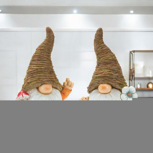 Set of Two Brown Polyresin Standing Gnome Tabletop Sculpture