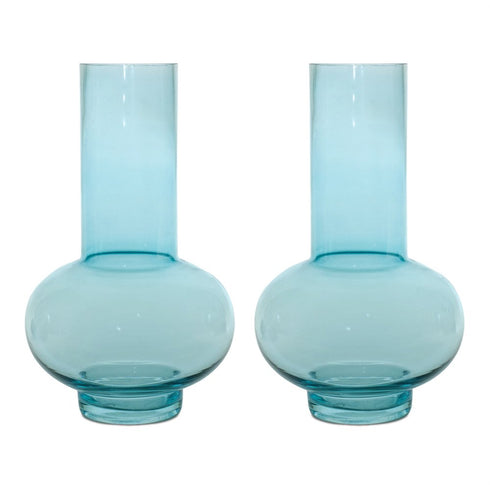 Set of Two Aqua Glass Round Table Vases