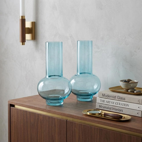 Set of Two Aqua Glass Round Table Vases