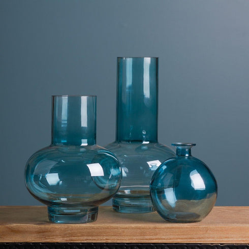 Set of Two Aqua Glass Round Table Vases