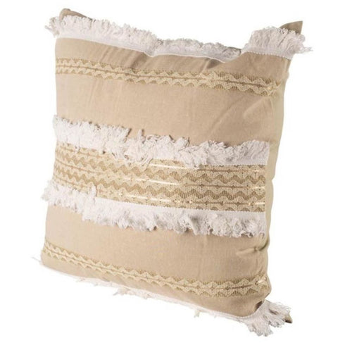 22" Tan And White Geometric Linen Throw Pillow Cover with Fringe