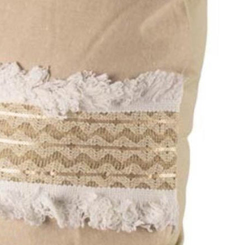 22" Tan And White Geometric Linen Throw Pillow Cover with Fringe