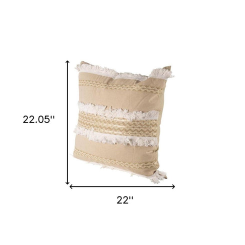 22" Tan And White Geometric Linen Throw Pillow Cover with Fringe