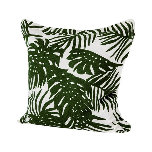 20" Green And White Tropical Botanical Linen Throw Pillow Cover with Embroidery