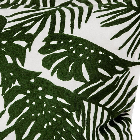 20" Green And White Tropical Botanical Linen Throw Pillow Cover with Embroidery