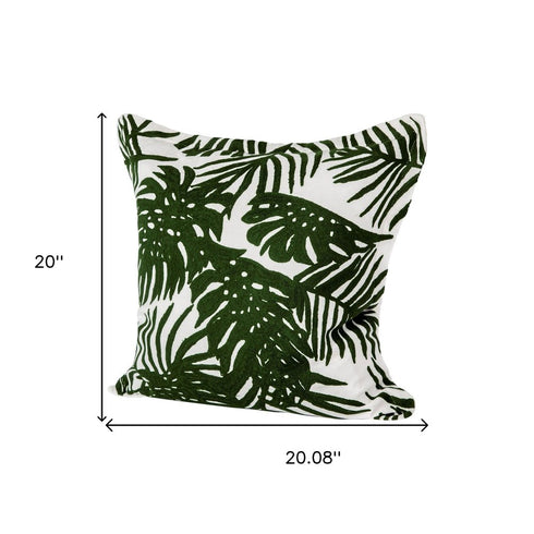 20" Green And White Tropical Botanical Linen Throw Pillow Cover with Embroidery