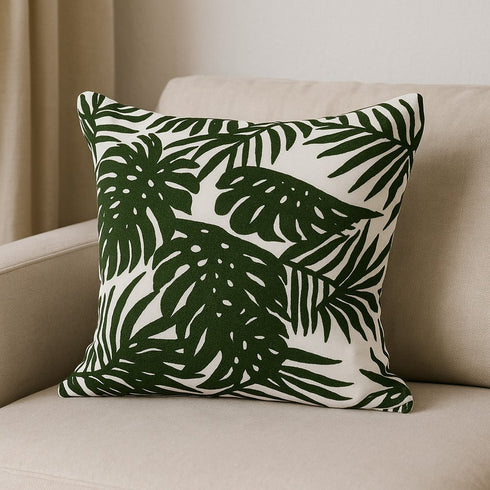 20" Green And White Tropical Botanical Linen Throw Pillow Cover with Embroidery