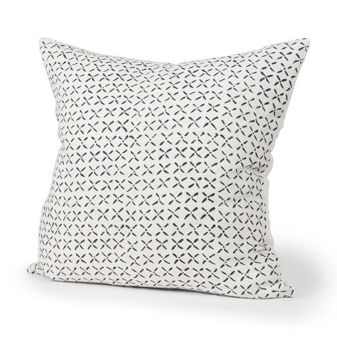 22" Cream And Black Geometric Linen Throw Pillow Cover with Embroidery