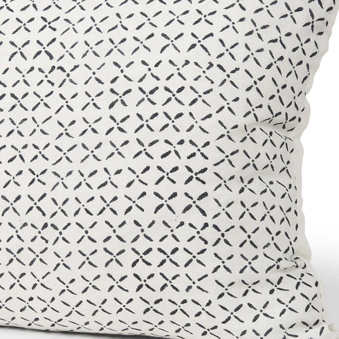 22" Cream And Black Geometric Linen Throw Pillow Cover with Embroidery