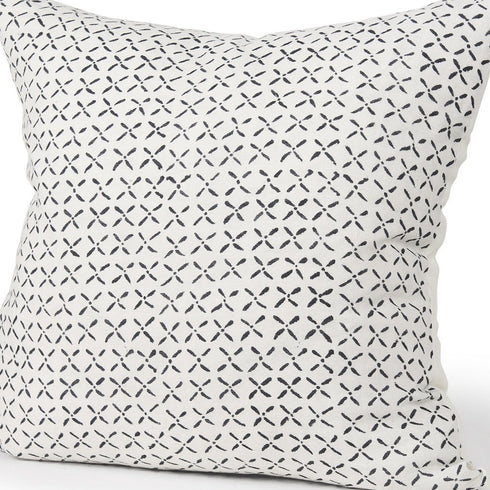 22" Cream And Black Geometric Linen Throw Pillow Cover with Embroidery