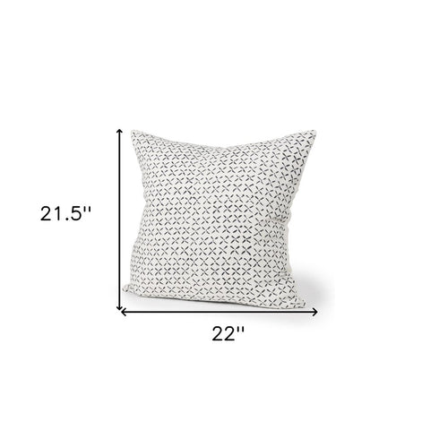 22" Cream And Black Geometric Linen Throw Pillow Cover with Embroidery