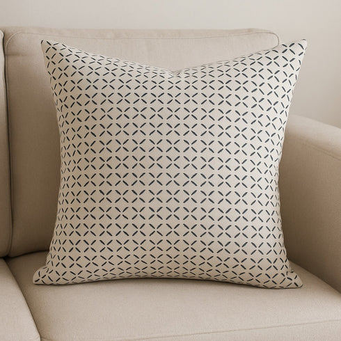 22" Cream And Black Geometric Linen Throw Pillow Cover with Embroidery