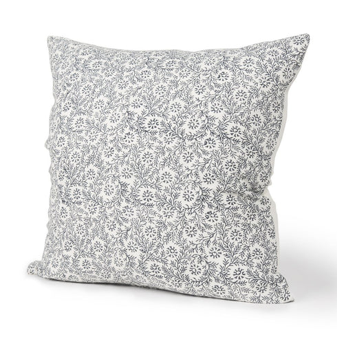 22" Cream And Indigo Botanical Linen Throw Pillow Cover with Embroidery