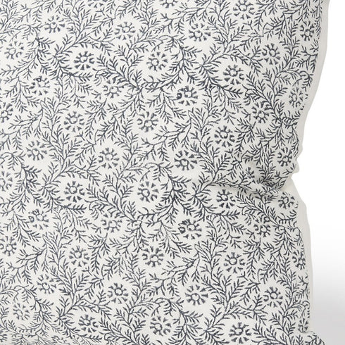22" Cream And Indigo Botanical Linen Throw Pillow Cover with Embroidery