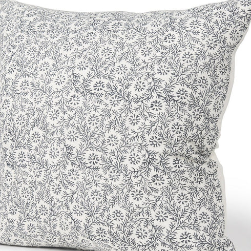 22" Cream And Indigo Botanical Linen Throw Pillow Cover with Embroidery