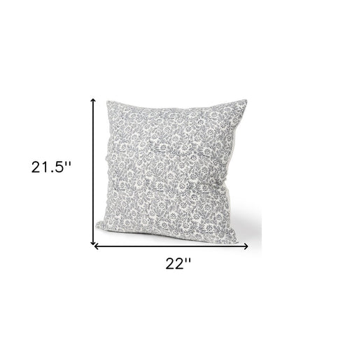 22" Cream And Indigo Botanical Linen Throw Pillow Cover with Embroidery