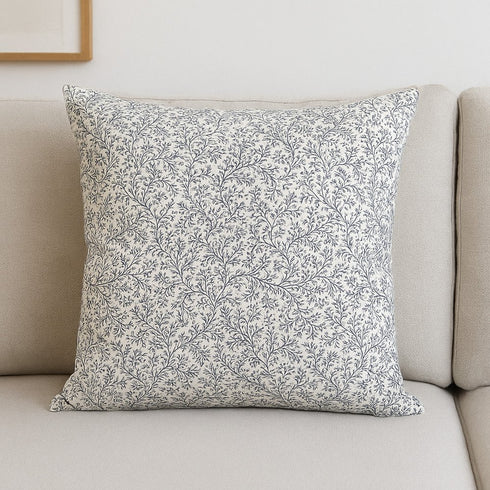 22" Cream And Indigo Botanical Linen Throw Pillow Cover with Embroidery