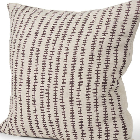 22" Beige And Merlot Striped Linen Throw Pillow Cover with Embroidery