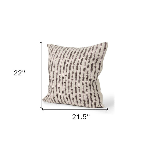 22" Beige And Merlot Striped Linen Throw Pillow Cover with Embroidery