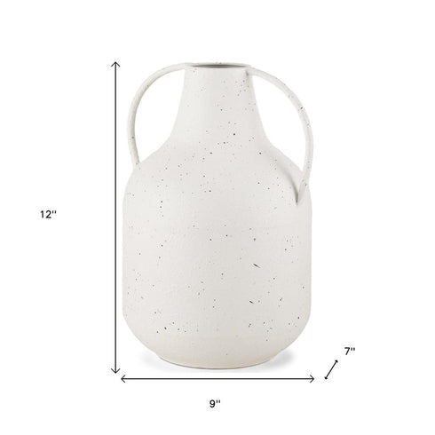12" White Speckle Metal Amphora Table Vase