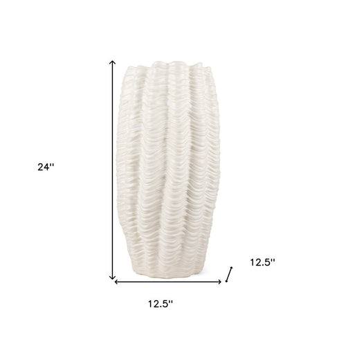 24" Cream Cylinder Ceramic Sculptural Waves Table Vase