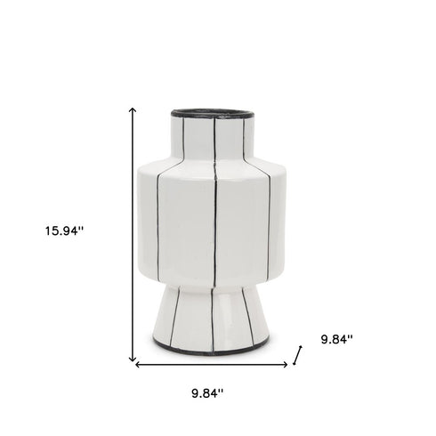 16" White And Black Striped Ceramic Cylinder Table Vase