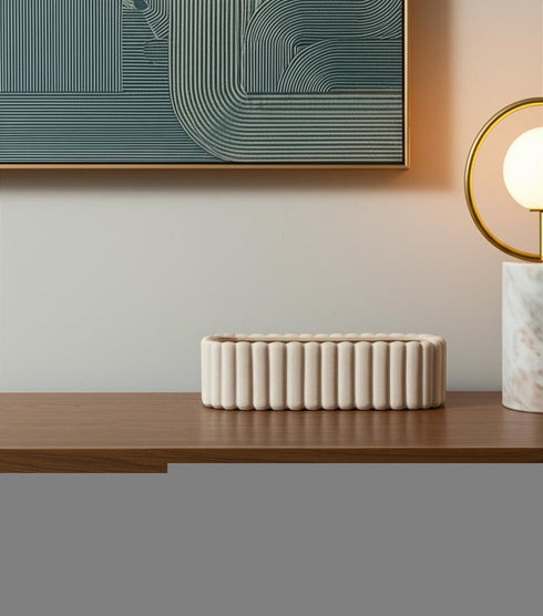 6" Beige Oval Ceramic Ribbed Texture Table Vase