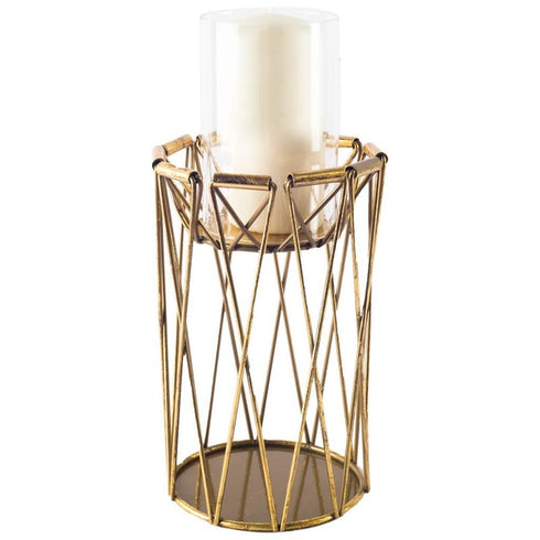10" Antiqued Brass Distressed Geometric Metal And Glass Tabletop Hurricane Candle Holder