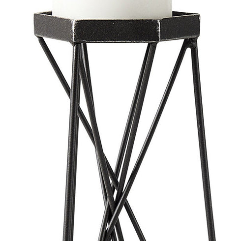 11" Black Distressed Geometric Metal Tabletop Pillar Candle Holder