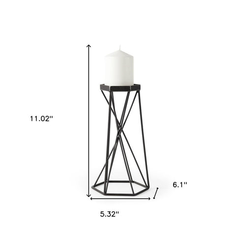 11" Black Distressed Geometric Metal Tabletop Pillar Candle Holder