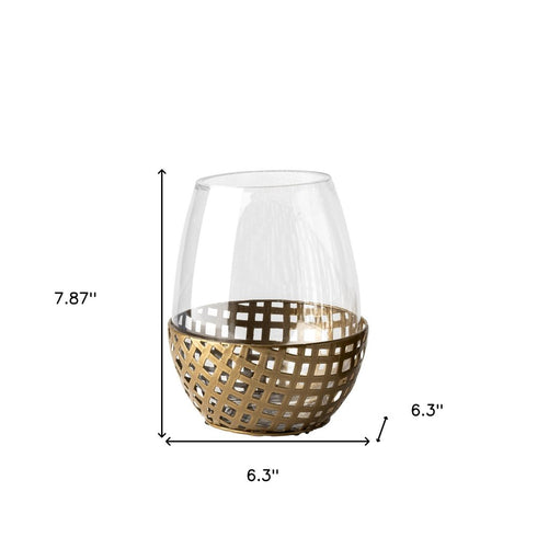8" Gold Woven Metal And Glass Tabletop Hurricane Candle Holder