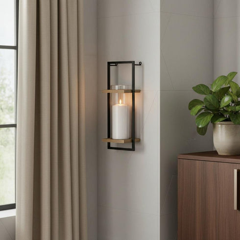 20" Black And Bronze Distressed Geometric Metal And Glass Wall Sconce Candle Holder