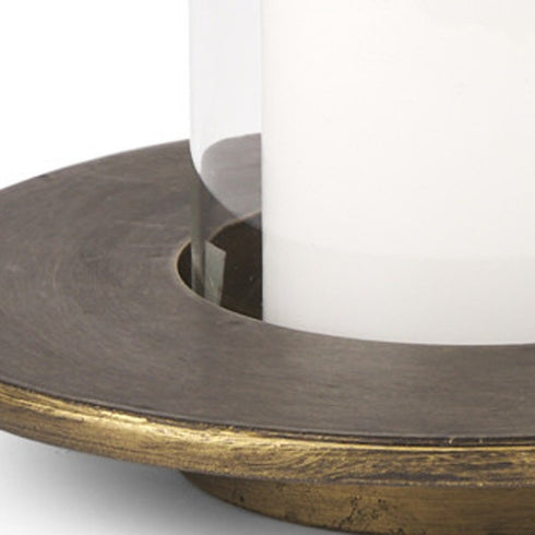 Set of Two Gold Distressed Geometric Metal Tabletop Hurricane Candle Holders
