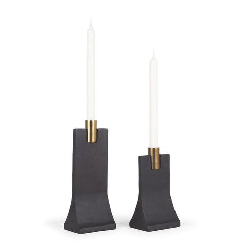 Set of Two Black And Gold Distressed Hammered Metal Tabletop Taper Candle Holders