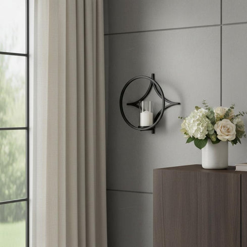 6" Black Quatrefoil Metal And Glass Wall Sconce Candle Holder