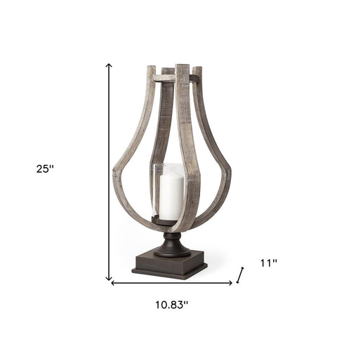 25" Brown Distressed Geometric Solid Wood Metal And Glass Tabletop Hurricane Candle Holder