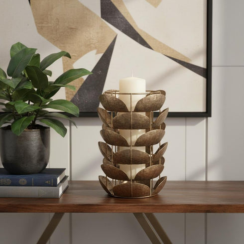 10" Bronze Distressed Botanical Leaf Metal Tabletop Hurricane Candle Holder