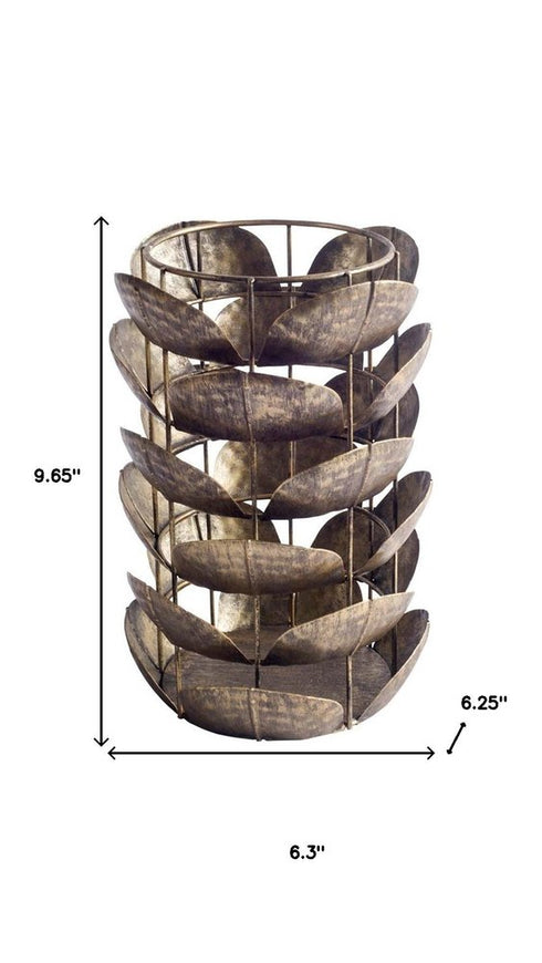 10" Bronze Distressed Botanical Leaf Metal Tabletop Hurricane Candle Holder