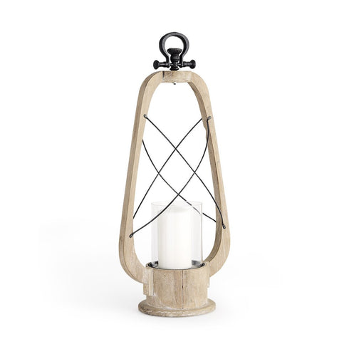 25" Brown Distressed Abstract Solid Wood And Metal Tabletop Lantern Candle Holder
