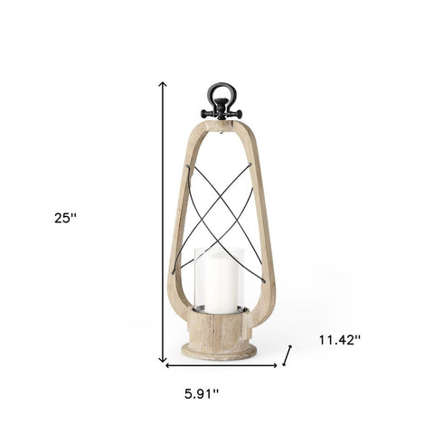25" Brown Distressed Abstract Solid Wood And Metal Tabletop Lantern Candle Holder