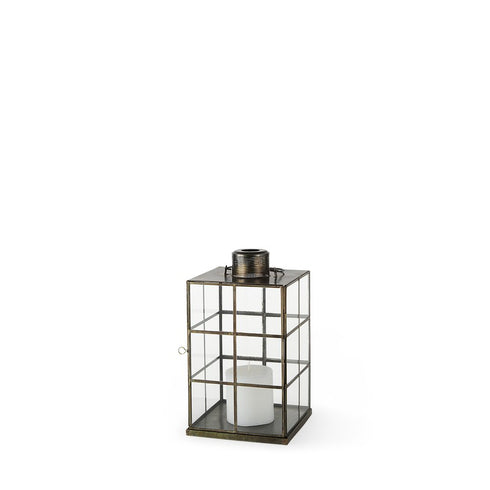15" Gold Distressed Geometric Metal And Glass Tabletop Lantern Candle Holder