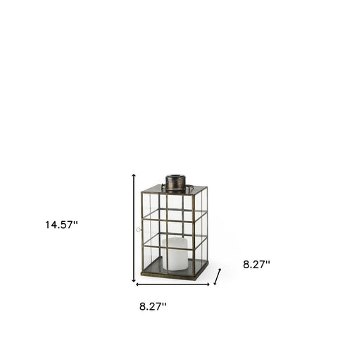 15" Gold Distressed Geometric Metal And Glass Tabletop Lantern Candle Holder