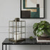 15" Gold Distressed Geometric Metal And Glass Tabletop Lantern Candle Holder