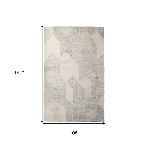 9' X 12' Beige Gray And Ivory Wool Geometric Hand Woven Area Rug