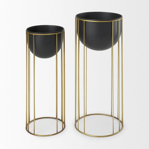 Set of Two Black Metal 20 Ounce Round Pot Planters