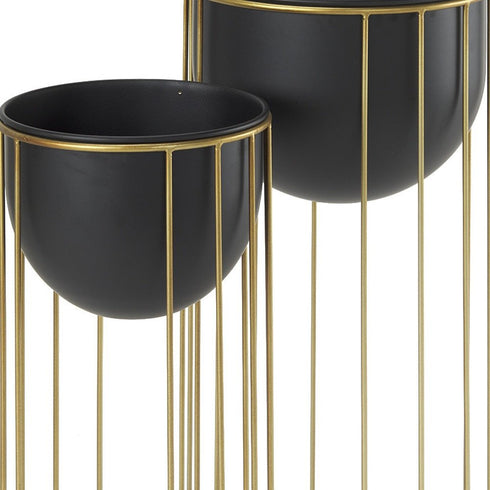 Set of Two Black Metal 20 Ounce Round Pot Planters