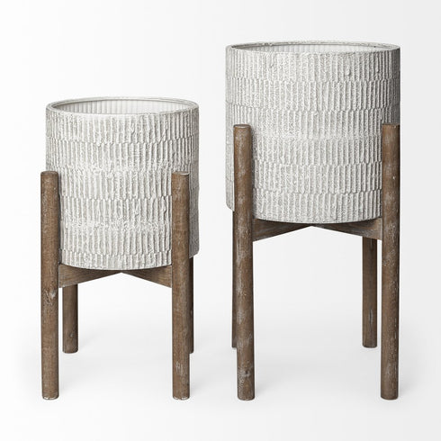Set of Two Cream And Brown Ceramic And Wood Round Elevated Planters