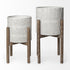 Set of Two Cream And Brown Ceramic And Wood Round Elevated Planters
