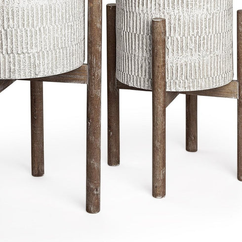 Set of Two Cream And Brown Ceramic And Wood Round Elevated Planters