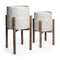 Set of Two Cream And Brown Ceramic And Wood Round Elevated Planters